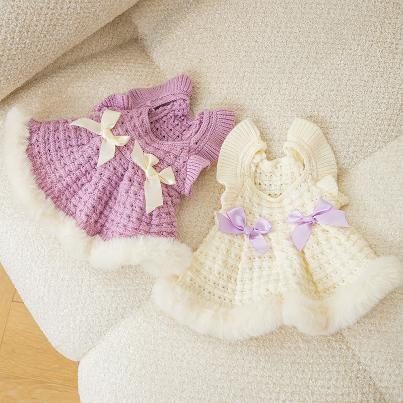 Dog Sweet Wool Dress - Purple And White Color